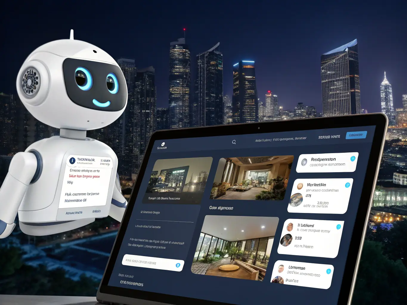 A digital interface displaying a property search chatbot in action, with a user entering search criteria and the bot providing relevant property listings. The image should convey efficiency and ease of use.