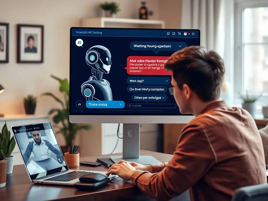 A digital interface showing a real estate agent communicating with a client through a chatbot, discussing property details and scheduling viewings. The image should convey seamless communication and personalized service.